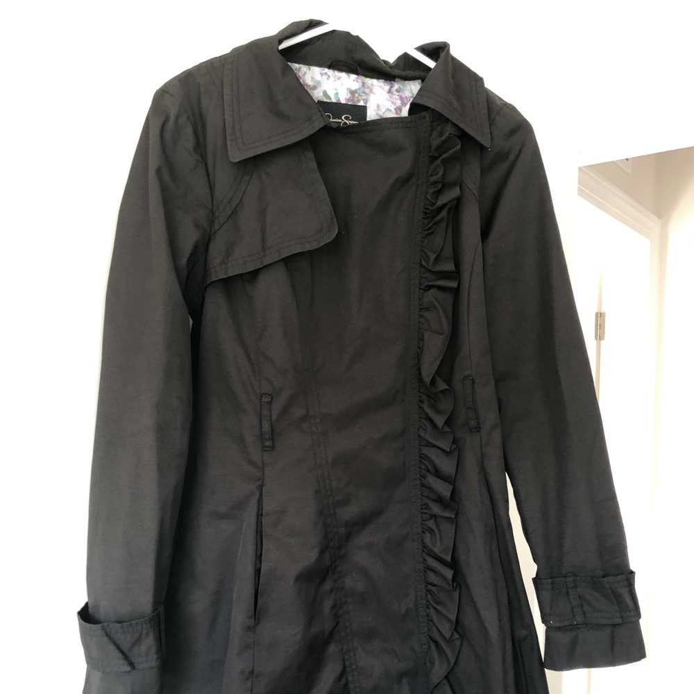 Jessica Simpson Black Trench Coat W/Ruffle Zipper